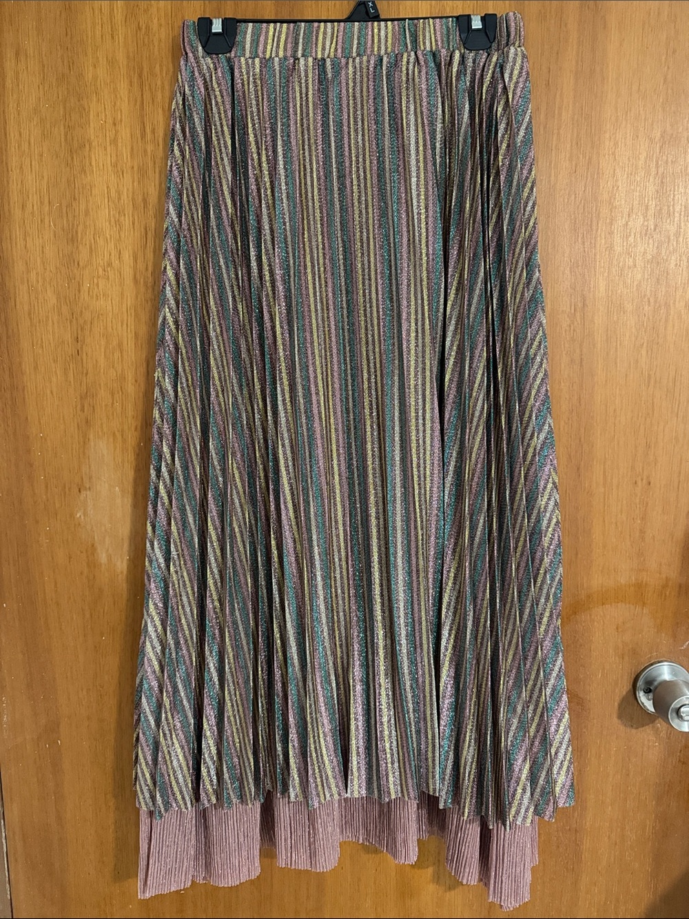 Mystree Pleated Metallic Stripe Maxi Skirt in Gold, Pink, Green